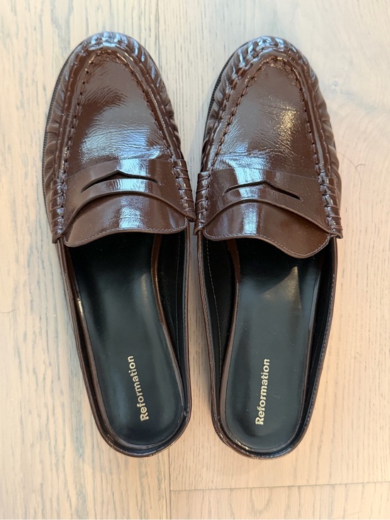 Reformation Shoes - Reformation Dark Brown Patent Leather Penny Loafer Mules